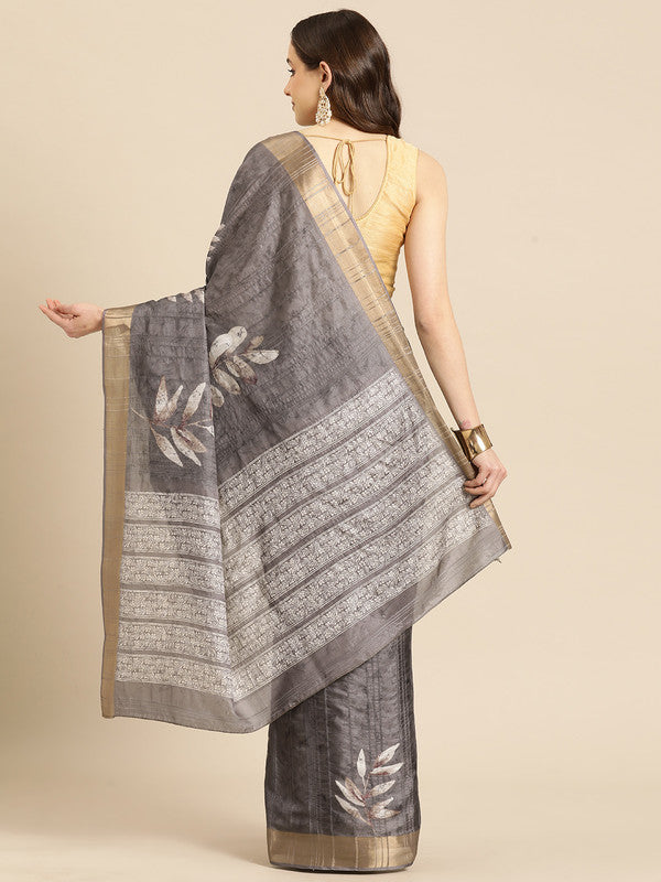 Brown Silk Blend Digital Print Floral Saree with Unstitched Blouse - Hiral Fashion