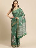 Green Silk Blend Digital Print Floral Saree with Unstitched Blouse - Hiral Fashion