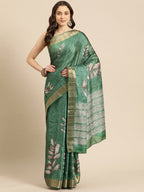 Green Silk Blend Digital Print Floral Saree with Unstitched Blouse - Hiral Fashion