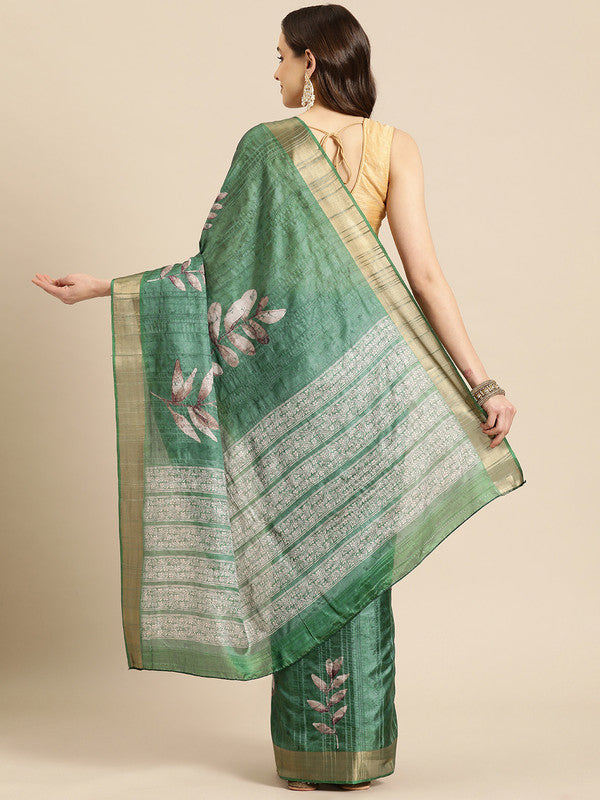 Green Silk Blend Digital Print Floral Saree with Unstitched Blouse - Hiral Fashion