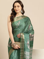 Green Silk Blend Digital Print Floral Saree with Unstitched Blouse - Hiral Fashion