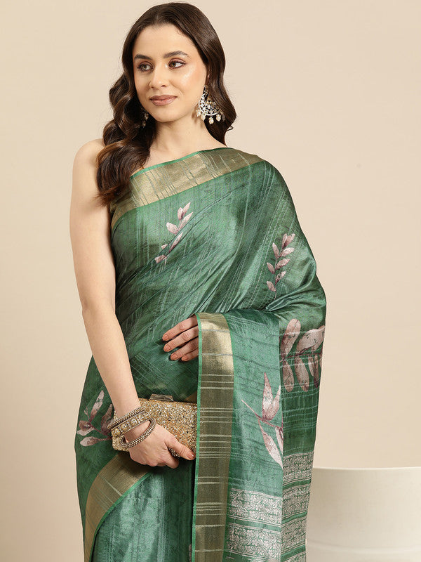 Green Silk Blend Digital Print Floral Saree with Unstitched Blouse - Hiral Fashion