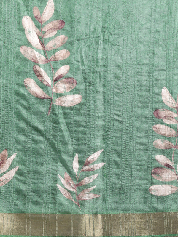 Green Silk Blend Digital Print Floral Saree with Unstitched Blouse - Hiral Fashion
