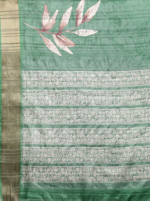 Green Silk Blend Digital Print Floral Saree with Unstitched Blouse - Hiral Fashion