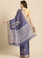 Royal Blue Silk Blend Digital Print Floral Saree with Unstitched Blouse - Hiral Fashion