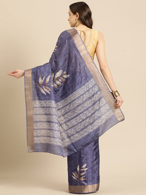 Royal Blue Silk Blend Digital Print Floral Saree with Unstitched Blouse - Hiral Fashion