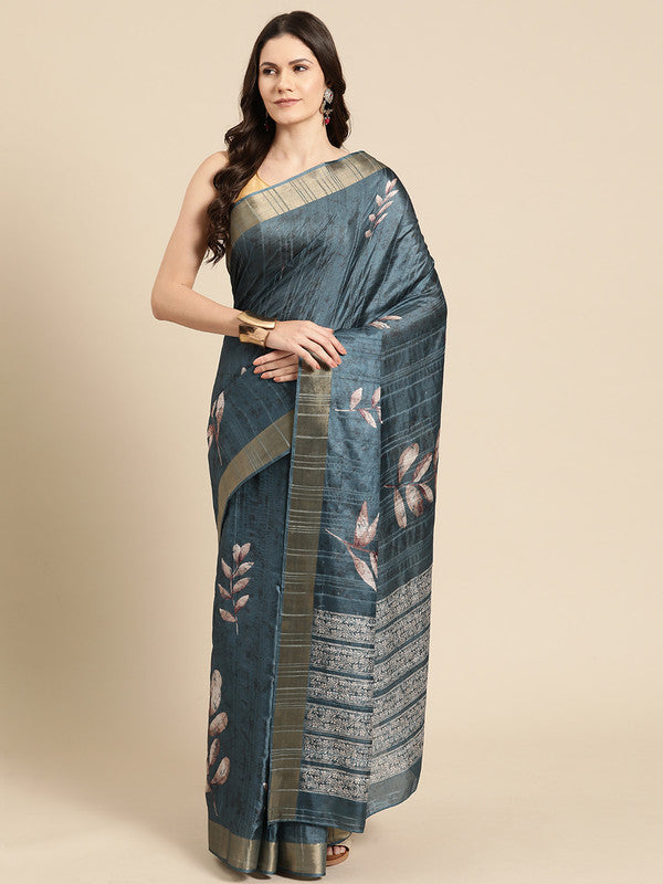 Turquoise Silk Blend Digital Print Floral Saree with Unstitched Blouse - Hiral Fashion