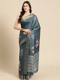 Turquoise Silk Blend Digital Print Floral Saree with Unstitched Blouse - Hiral Fashion