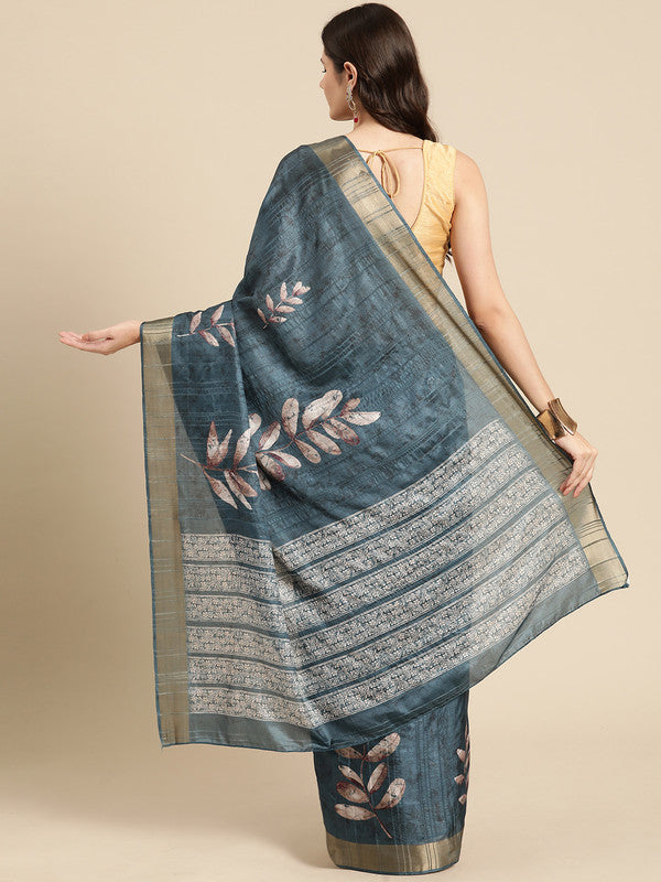 Turquoise Silk Blend Digital Print Floral Saree with Unstitched Blouse - Hiral Fashion