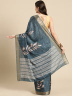 Turquoise Silk Blend Digital Print Floral Saree with Unstitched Blouse - Hiral Fashion