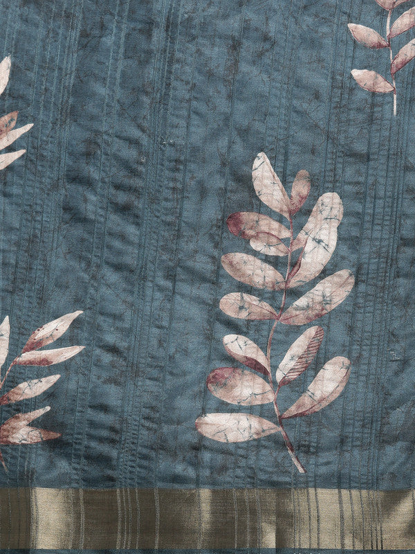 Turquoise Silk Blend Digital Print Floral Saree with Unstitched Blouse - Hiral Fashion