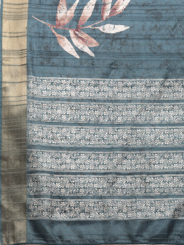 Turquoise Silk Blend Digital Print Floral Saree with Unstitched Blouse - Hiral Fashion