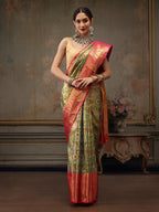 Green Pure Silk Woven Zari Design Floral Saree with Unstitched Blouse - Hiral Fashion