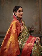 Green Pure Silk Woven Zari Design Floral Saree with Unstitched Blouse - Hiral Fashion