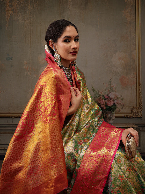 Green Pure Silk Woven Zari Design Floral Saree with Unstitched Blouse - Hiral Fashion
