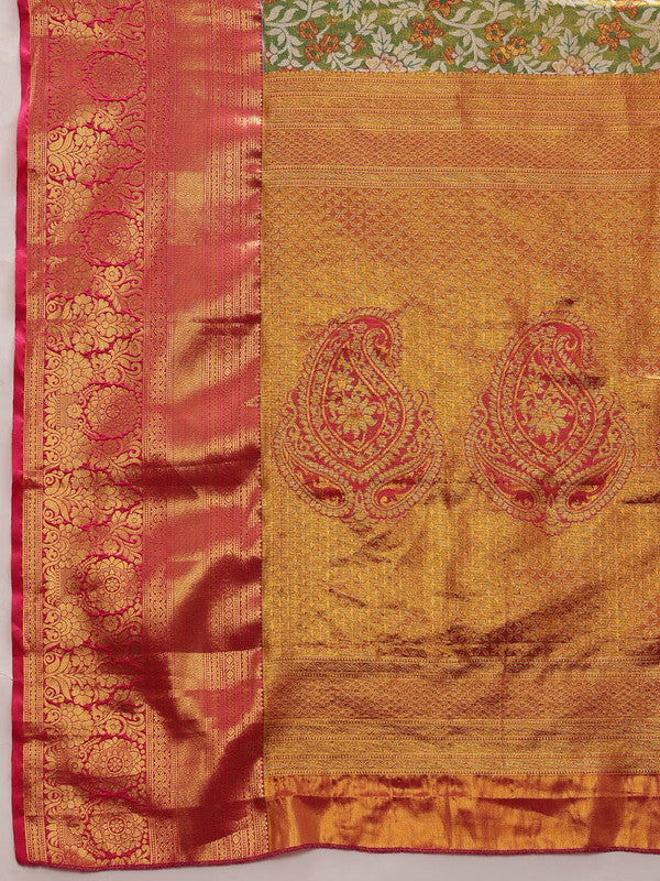 Green Pure Silk Woven Zari Design Floral Saree with Unstitched Blouse - Hiral Fashion