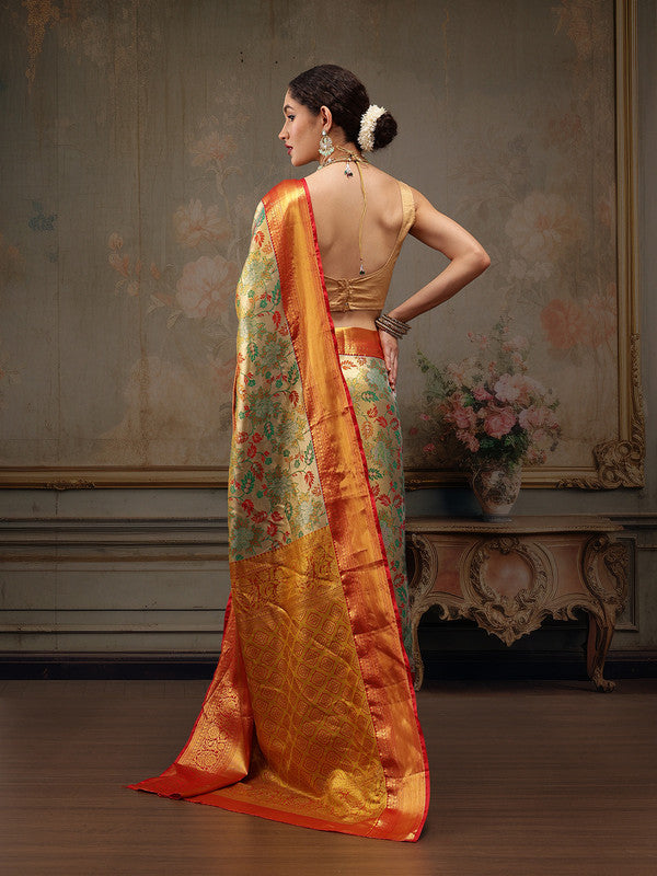 Gray Pure Silk Woven Zari Design Floral Saree with Unstitched Blouse - Hiral Fashion