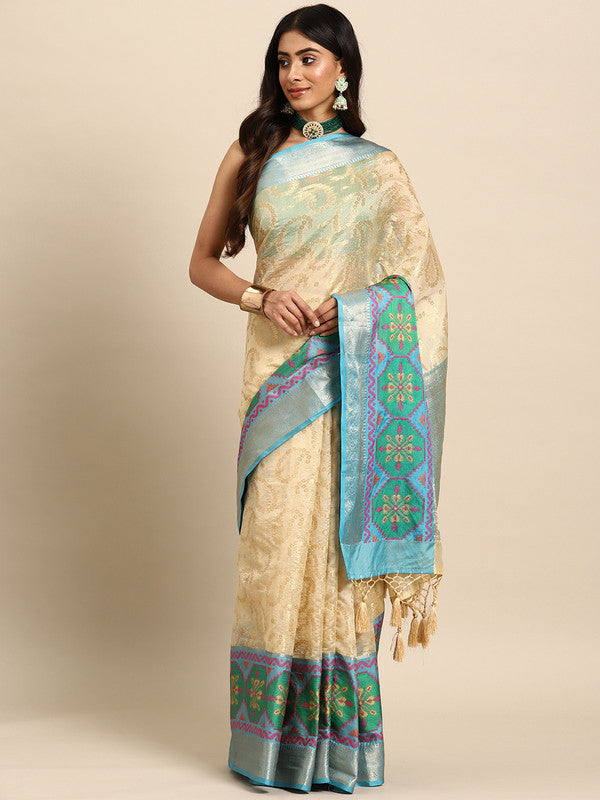 Beige Silk Blend Woven Zari Design Paisley Saree with Unstitched Blouse - Hiral Fashion