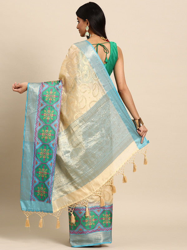Beige Silk Blend Woven Zari Design Paisley Saree with Unstitched Blouse - Hiral Fashion