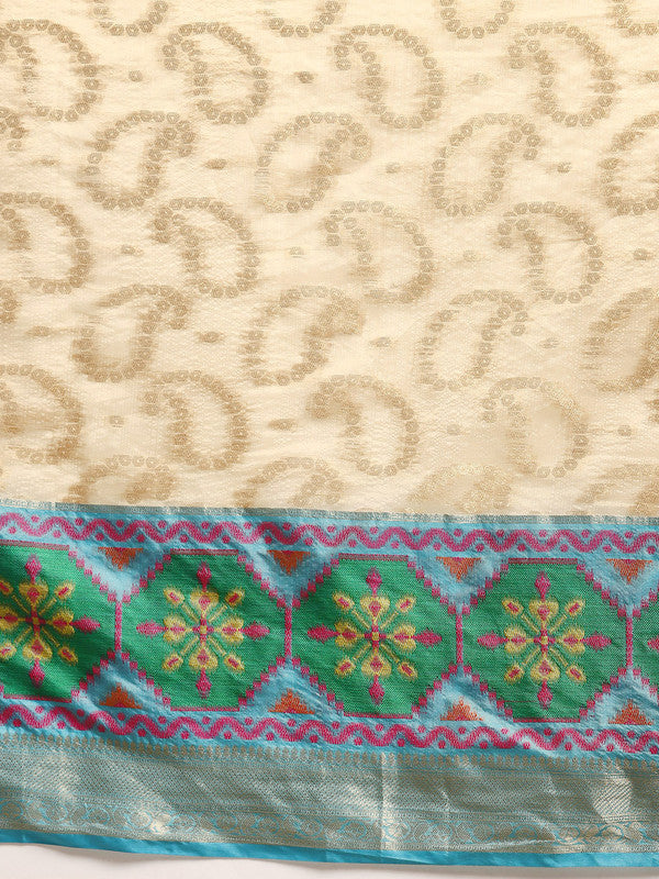 Beige Silk Blend Woven Zari Design Paisley Saree with Unstitched Blouse - Hiral Fashion