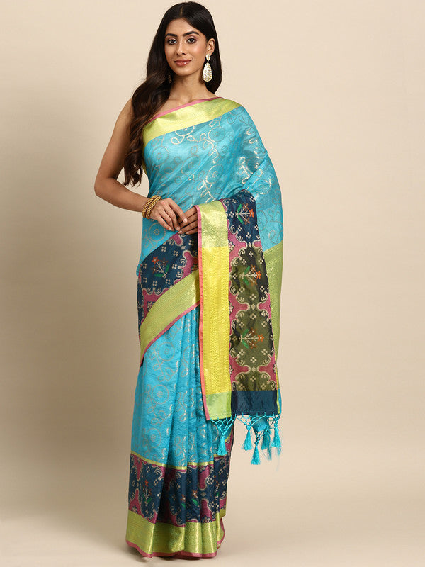 Blue Silk Blend Woven Zari Design Geomatric Saree with Unstitched Blouse - Hiral Fashion