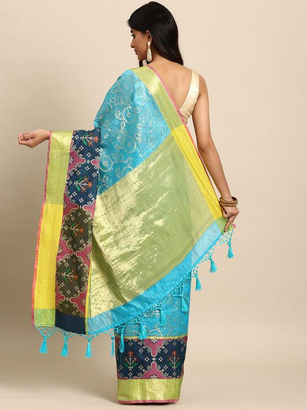 Blue Silk Blend Woven Zari Design Geomatric Saree with Unstitched Blouse - Hiral Fashion