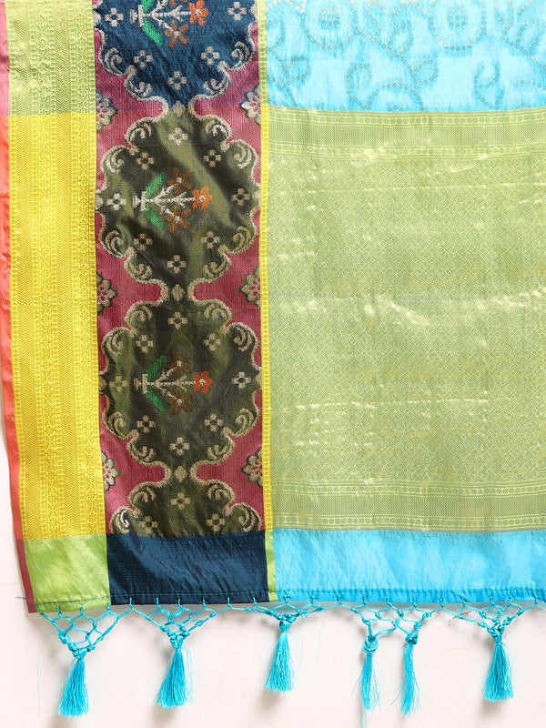 Blue Silk Blend Woven Zari Design Geomatric Saree with Unstitched Blouse - Hiral Fashion