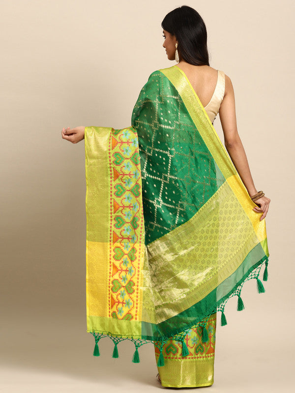 Green Silk Blend Woven Zari Design Striped Saree with Unstitched Blouse - Hiral Fashion