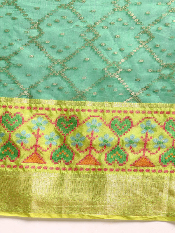 Green Silk Blend Woven Zari Design Striped Saree with Unstitched Blouse - Hiral Fashion