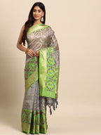 Gray Silk Blend Woven Zari Design Geomatric Saree with Unstitched Blouse - Hiral Fashion