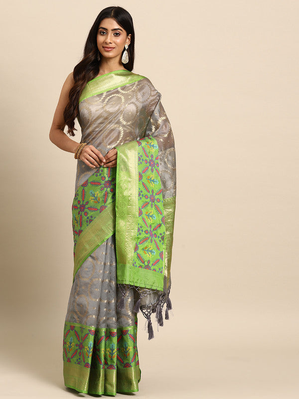Gray Silk Blend Woven Zari Design Geomatric Saree with Unstitched Blouse - Hiral Fashion