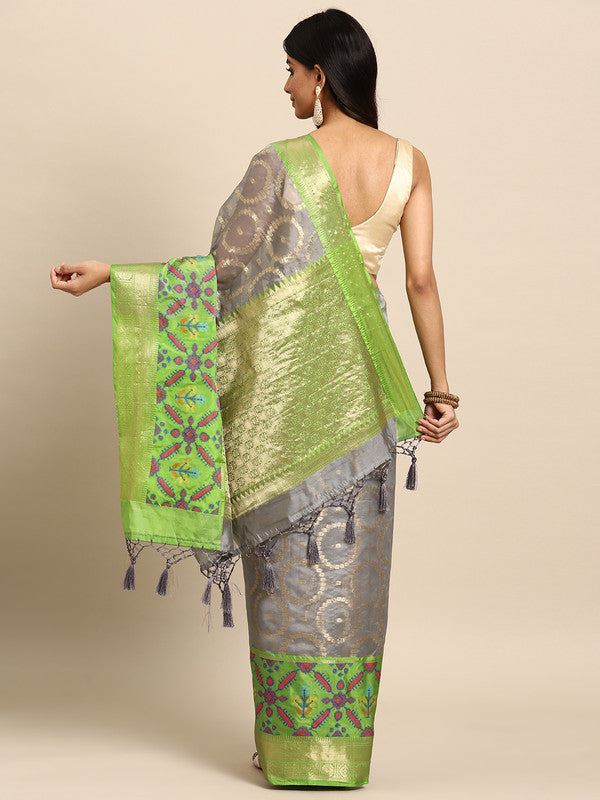 Gray Silk Blend Woven Zari Design Geomatric Saree with Unstitched Blouse - Hiral Fashion