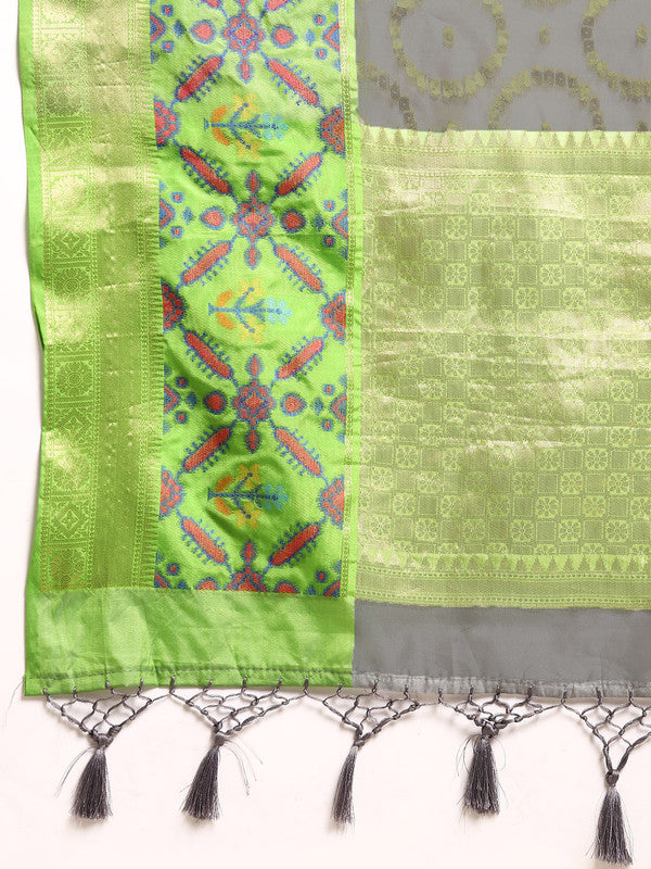 Gray Silk Blend Woven Zari Design Geomatric Saree with Unstitched Blouse - Hiral Fashion