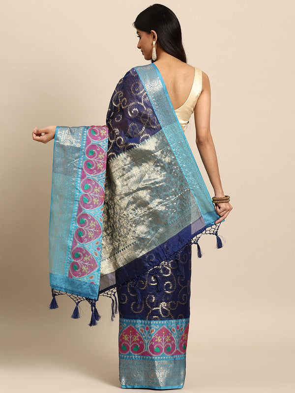 Navy Blue Silk Blend Woven Zari Design Floral Saree with Unstitched Blouse - Hiral Fashion