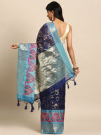 Navy Blue Silk Blend Woven Zari Design Floral Saree with Unstitched Blouse - Hiral Fashion