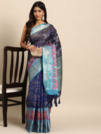 Navy Blue Silk Blend Woven Zari Design Floral Saree with Unstitched Blouse - Hiral Fashion