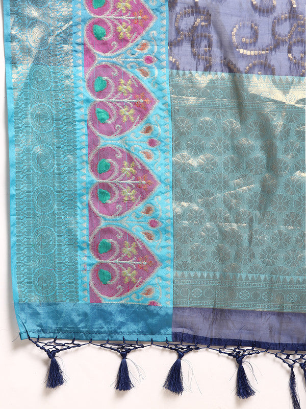 Navy Blue Silk Blend Woven Zari Design Floral Saree with Unstitched Blouse - Hiral Fashion