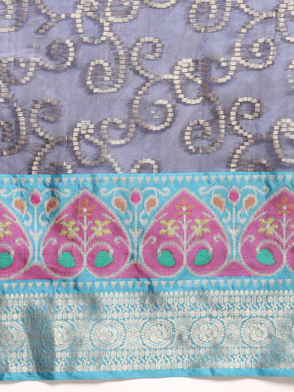 Navy Blue Silk Blend Woven Zari Design Floral Saree with Unstitched Blouse - Hiral Fashion