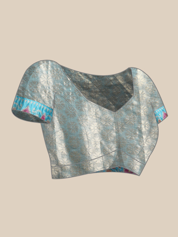 Navy Blue Silk Blend Woven Zari Design Floral Saree with Unstitched Blouse - Hiral Fashion