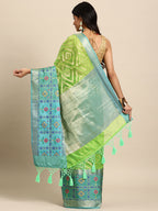 Green Silk Blend Woven Zari Design Geomatric Saree with Unstitched Blouse - Hiral Fashion