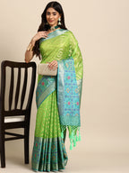 Green Silk Blend Woven Zari Design Geomatric Saree with Unstitched Blouse - Hiral Fashion