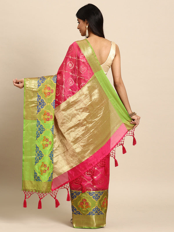 Pink Silk Blend Woven Zari Design Geomatric Saree with Unstitched Blouse - Hiral Fashion