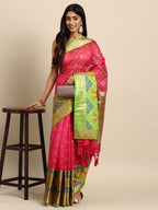 Pink Silk Blend Woven Zari Design Geomatric Saree with Unstitched Blouse - Hiral Fashion