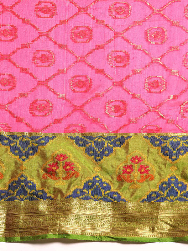 Pink Silk Blend Woven Zari Design Geomatric Saree with Unstitched Blouse - Hiral Fashion