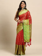 Red Silk Blend Woven Zari Design Striped Saree with Unstitched Blouse - Hiral Fashion