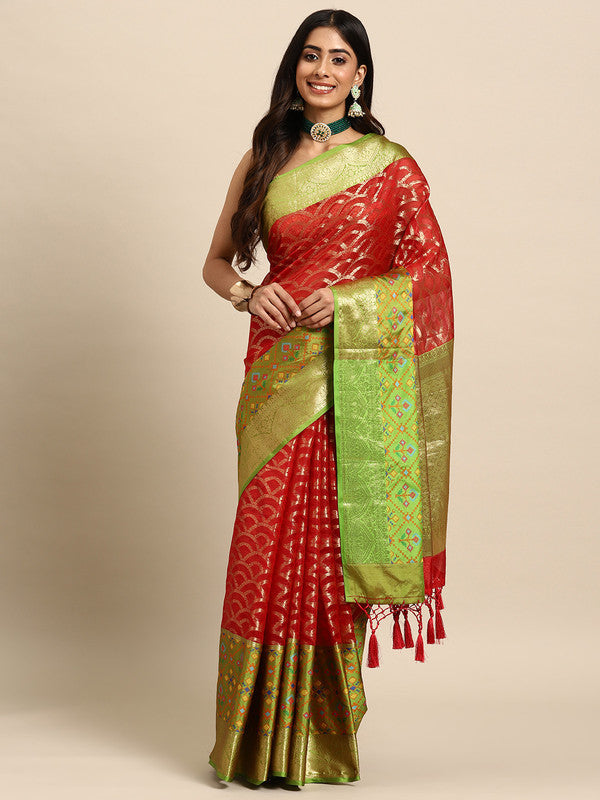 Red Silk Blend Woven Zari Design Striped Saree with Unstitched Blouse - Hiral Fashion