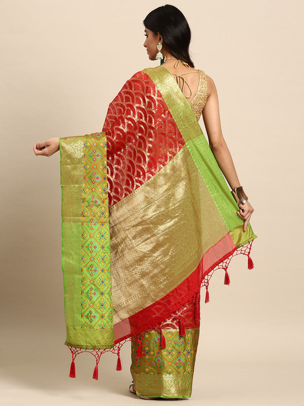 Red Silk Blend Woven Zari Design Striped Saree with Unstitched Blouse - Hiral Fashion