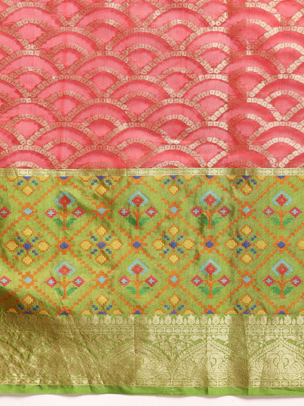 Red Silk Blend Woven Zari Design Striped Saree with Unstitched Blouse - Hiral Fashion