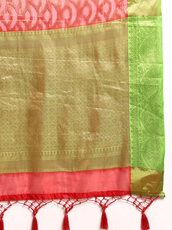 Red Silk Blend Woven Zari Design Striped Saree with Unstitched Blouse - Hiral Fashion