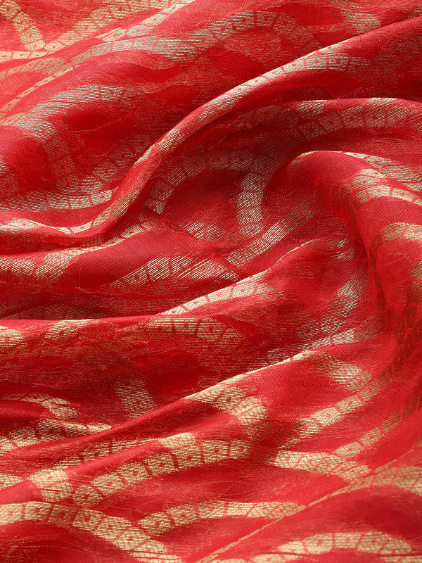 Red Silk Blend Woven Zari Design Striped Saree with Unstitched Blouse - Hiral Fashion